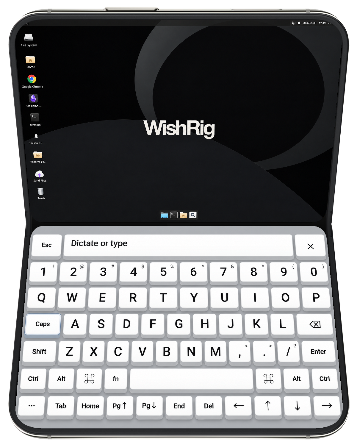 WishRig cloud desktop and keyboard on a folding phone.