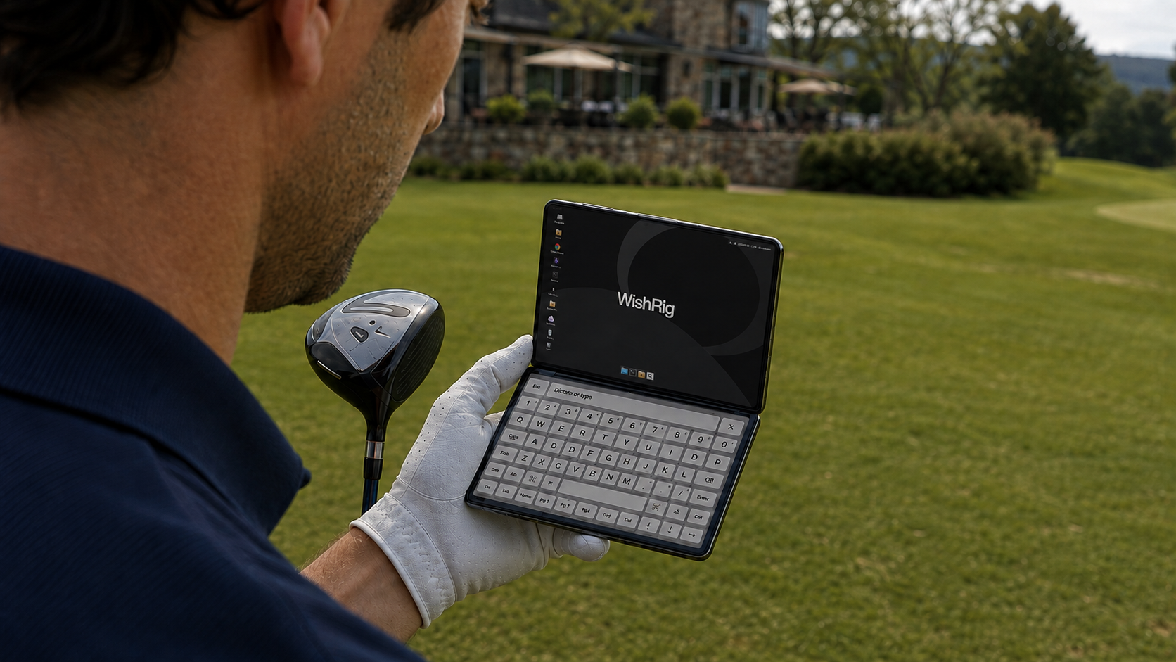 A golfer accesses his WishRig cloud computer on a foldable phone outdoors.