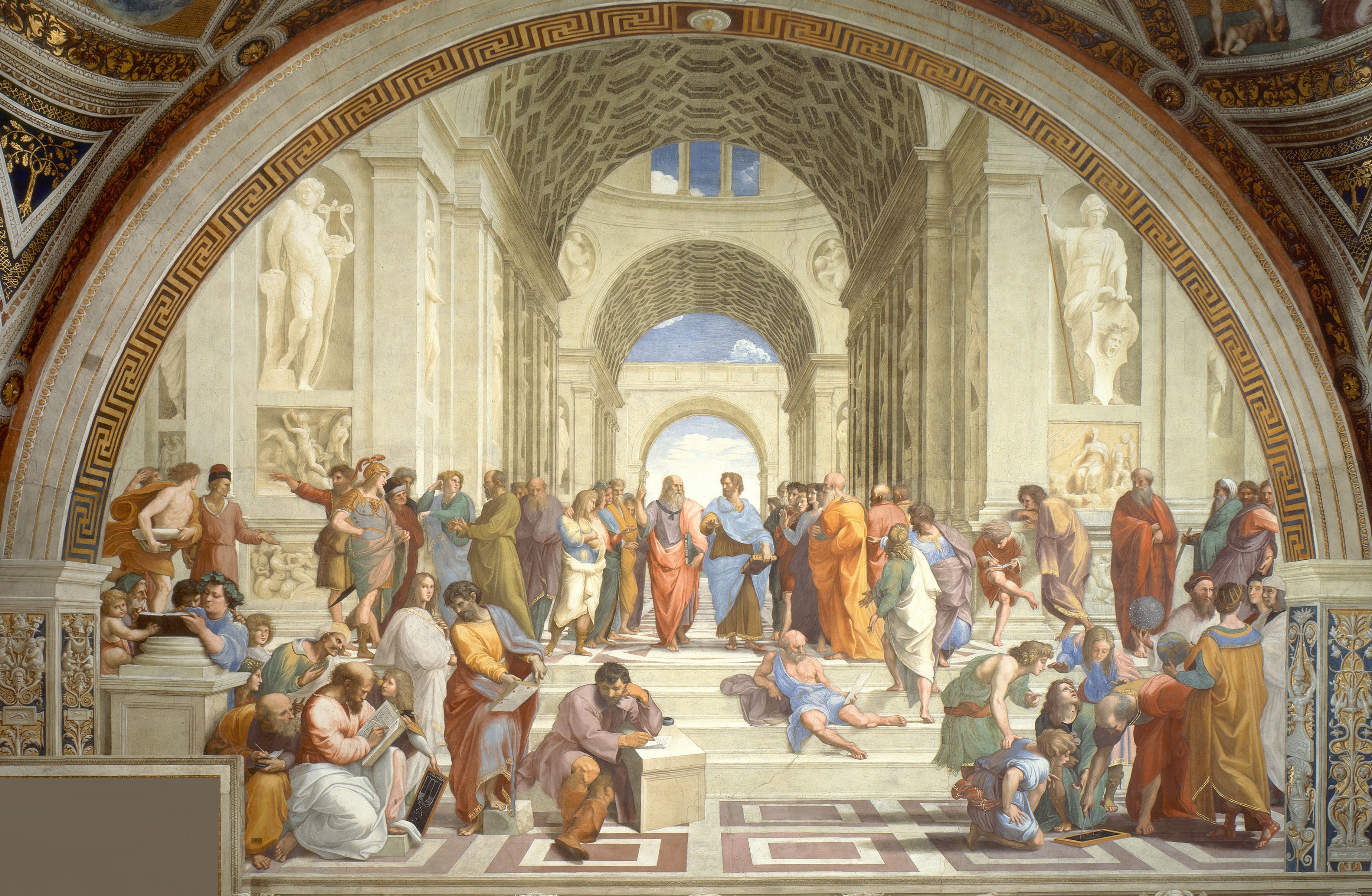 Raphael’s The School of Athens, showing thinkers gathered beneath a grand classical arch.